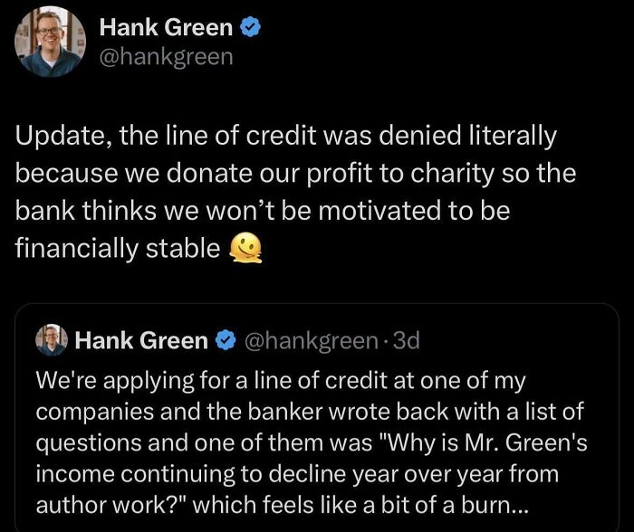 Tweet about credit denial due to charity donations in late stage capitalism