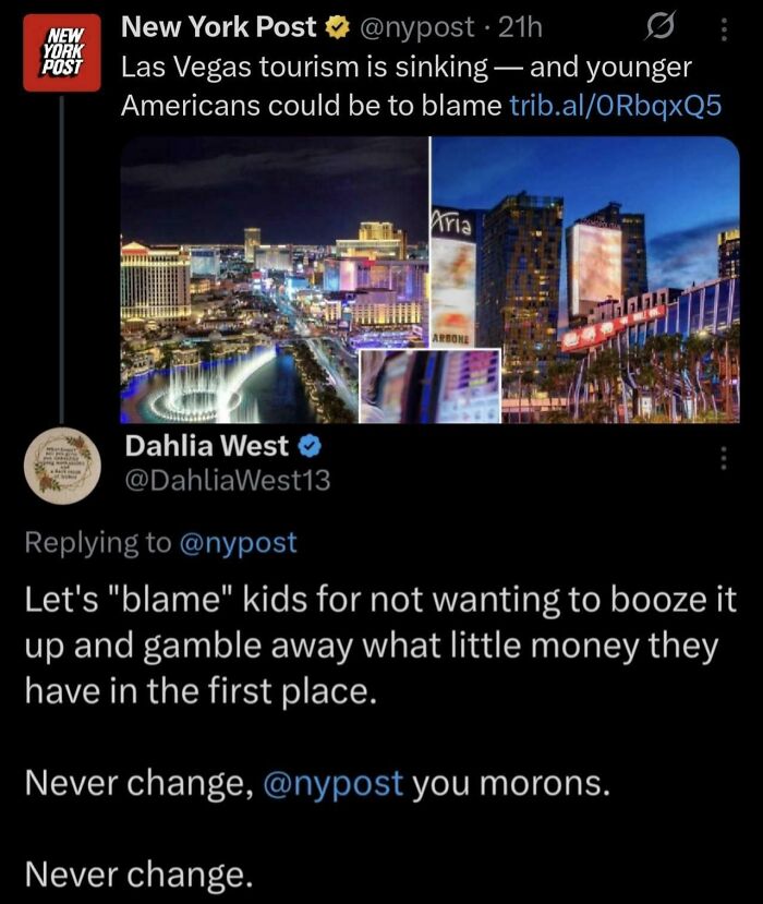 Tweet discussing Las Vegas tourism decline and blame in late stage capitalism