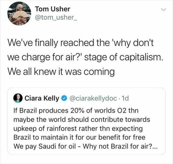 Tweet discussing capitalism charging for air referencing environmental and economic issues