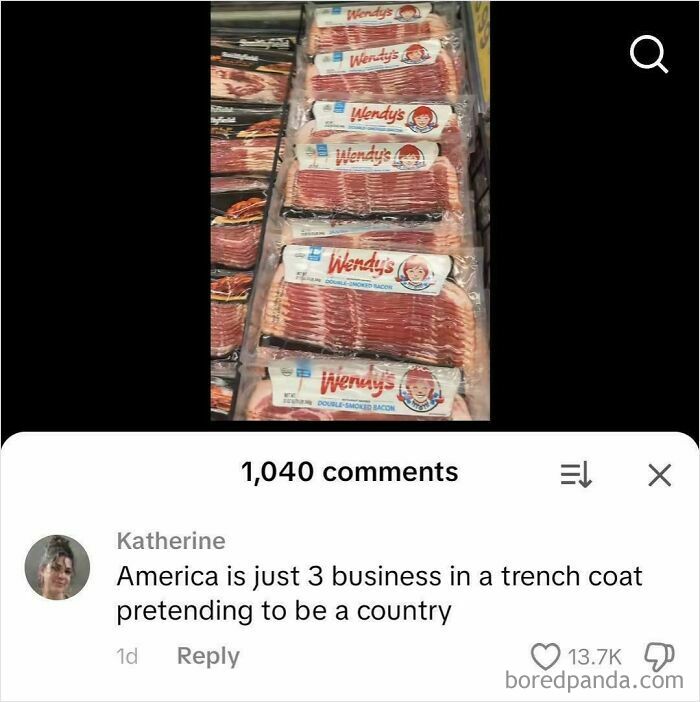 Screenshot of bacon packages with a comment humorously comparing America to three businesses