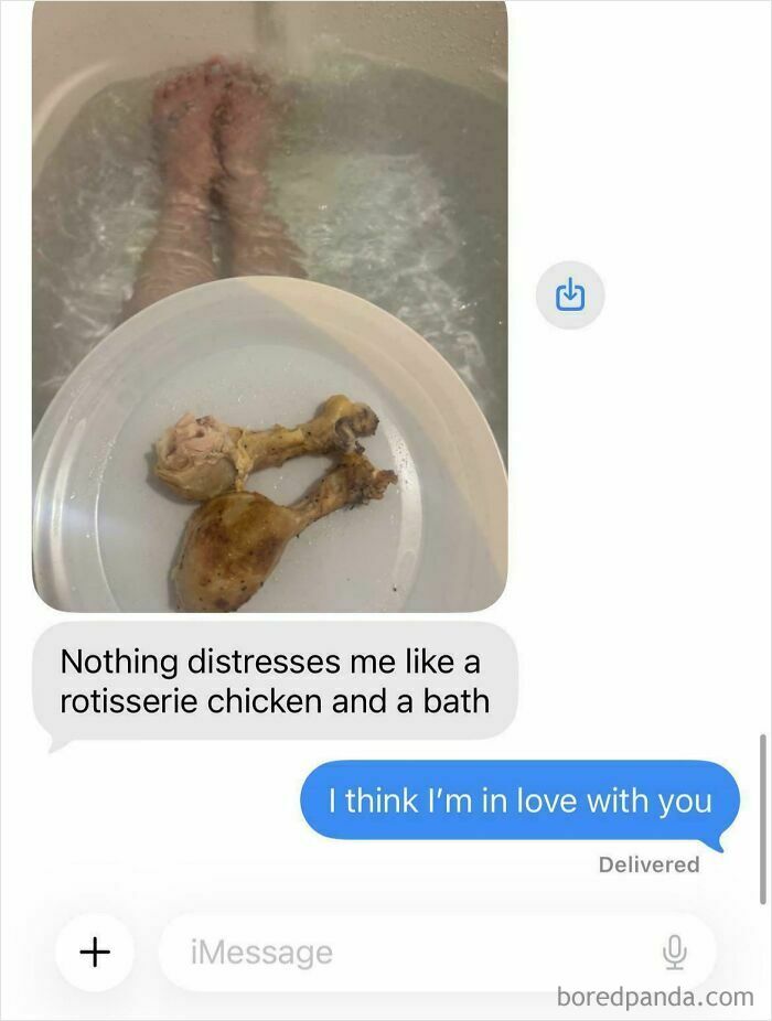 Funny screenshot showing rotisserie chicken in bath with humorous text about distress and love