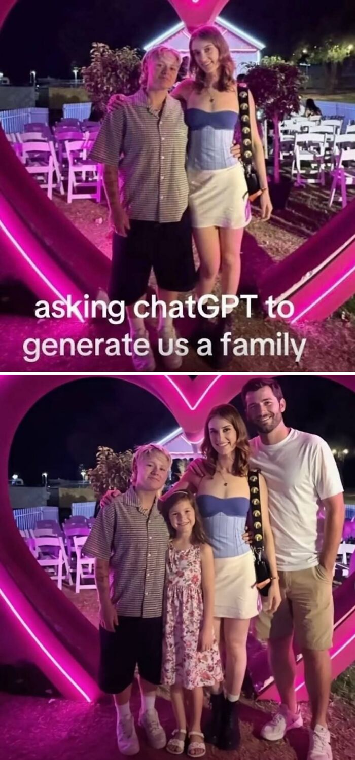 Humorous meme showing two photos: couple then family after asking chatGPT to generate a family