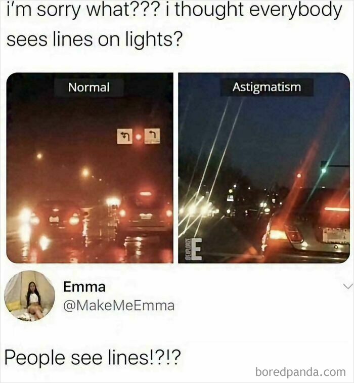 Comparison image showing normal vs astigmatism vision with explanation about seeing lines on lights