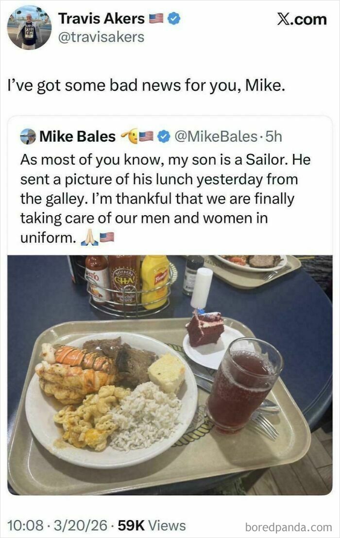 Funny bizarre screenshot of Twitter post showing sailor's meal with sarcastic comment