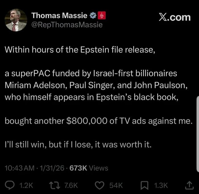 Tweet on Epstein file release and political ads, dystopia topic