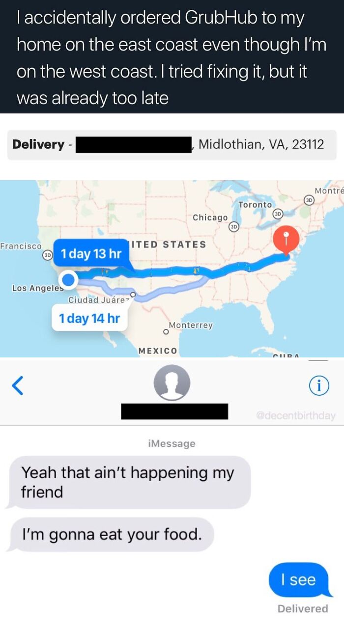 GrubHub delivery mix-up from west coast to east coast causes humorous text exchange