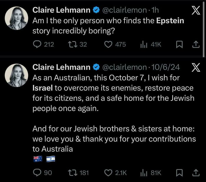 Tweets discussing Epstein story and Israel, dystopia context