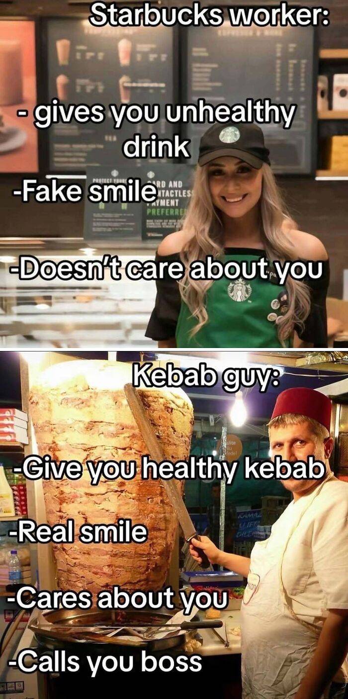 Funny meme comparing Starbucks worker's unhealthy drinks with kebab guy's healthy kebab and real smile