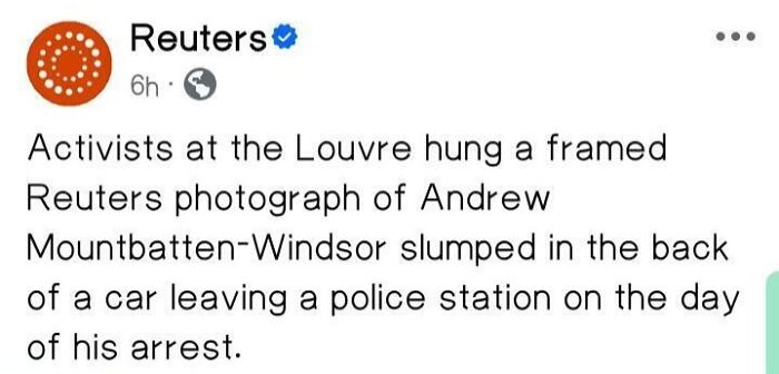 Funny bizarre screenshot of Reuters post about framed police arrest photo at Louvre