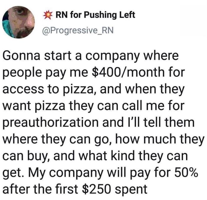 Tweet about a dystopian pizza subscription service with strict access and controls