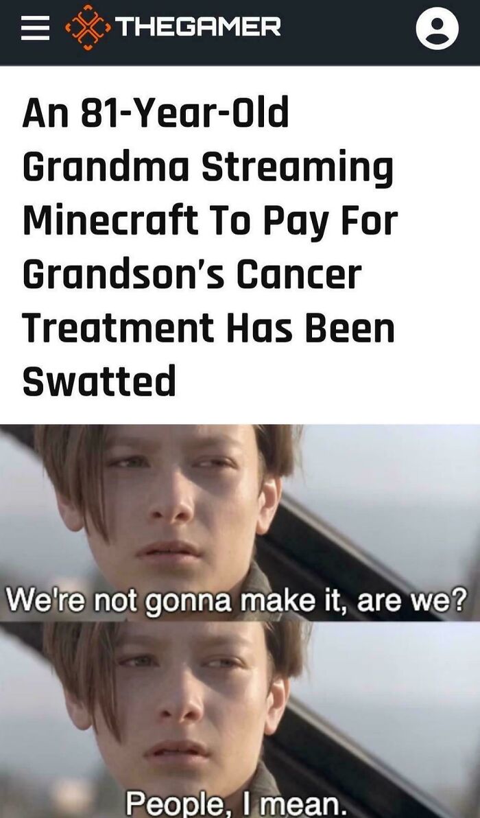 Headline about grandma streaming Minecraft to pay for grandson's cancer with meme about losing hope