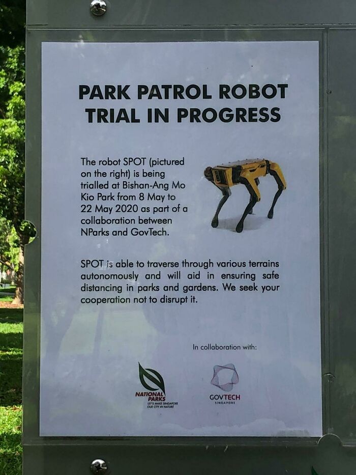 Park patrol robot SPOT trial sign explaining autonomous safety monitoring in public parks