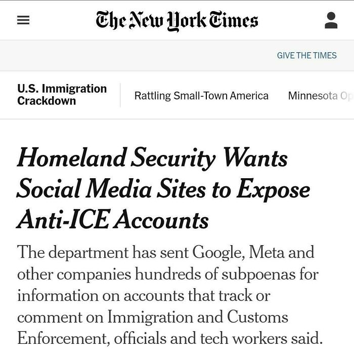 New York Times headline on Homeland Security and social media on dystopia