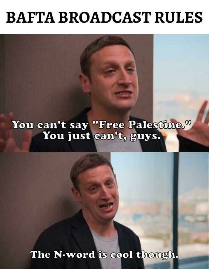 Meme criticizing BAFTA broadcast rules mentioning dystopia