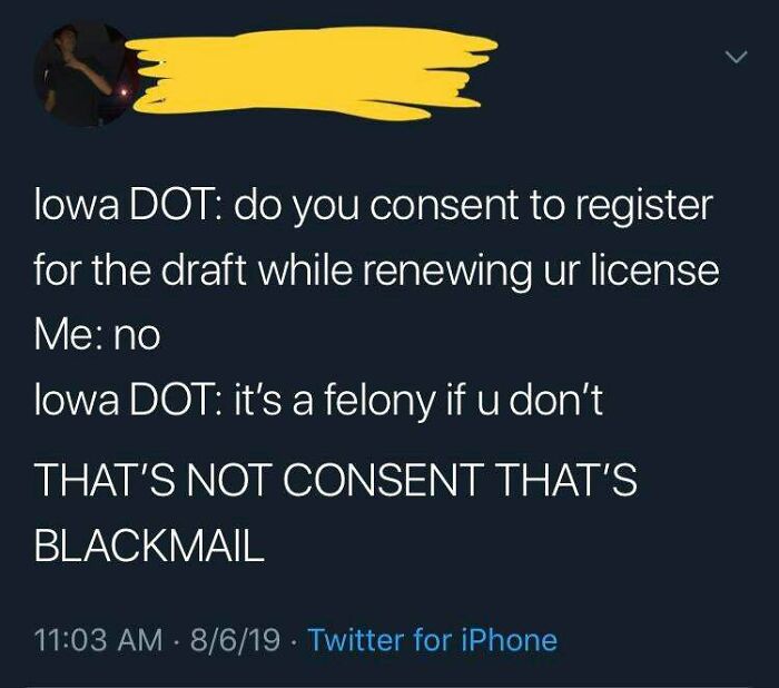 Tweet discussing consent for draft registration while renewing license in Iowa