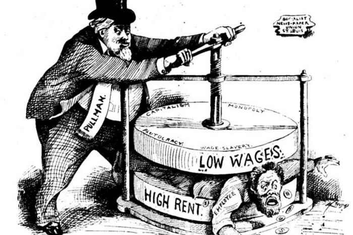 Political cartoon showing low wages and high rent oppression