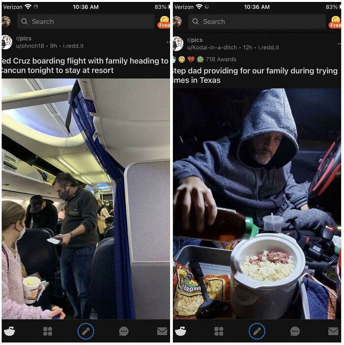 Photos of a man boarding a flight and a stepdad cooking for family in Texas