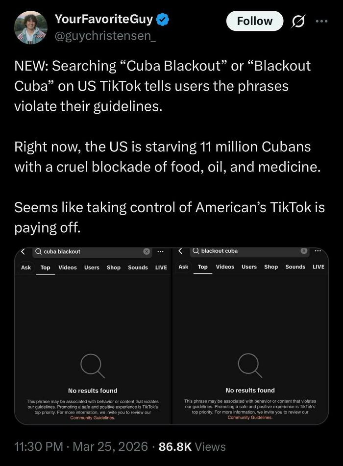 TikTok censors Cuba blackout search due to US blockade under late stage capitalism