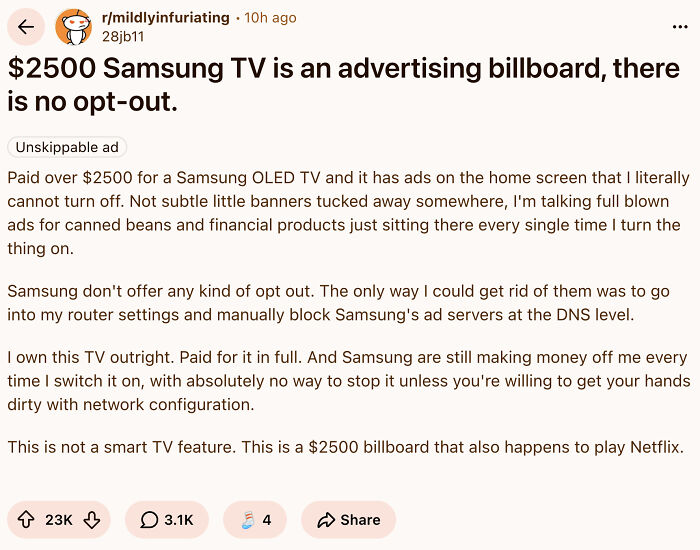 Reddit post complains Samsung TV is expensive advertising billboard with no opt-out under late stage capitalism