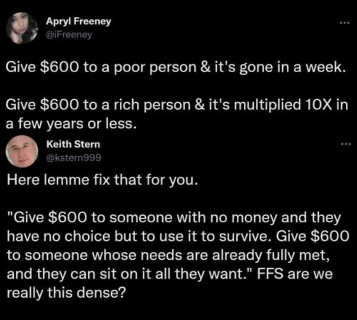 Discussion on how money given to poor vs rich multiplies differently under late stage capitalism
