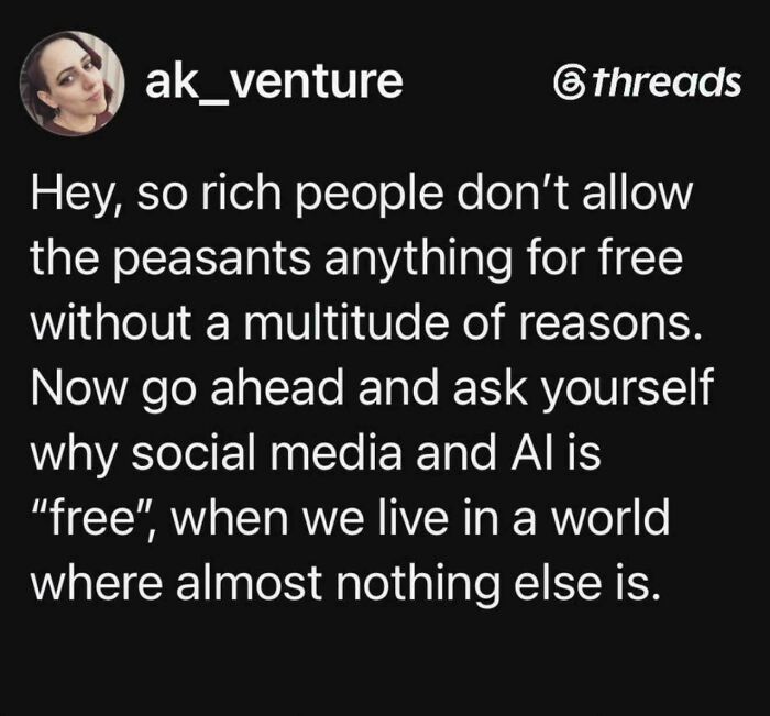 Tweet discussing why social media and AI are free in a capitalist world