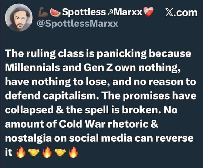Tweet on ruling class panic as Millennials and Gen Z reject capitalism values