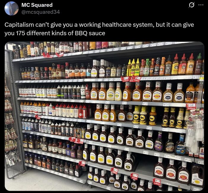 Supermarket shelf with 175 varieties of BBQ sauce illustrating late stage capitalism excess