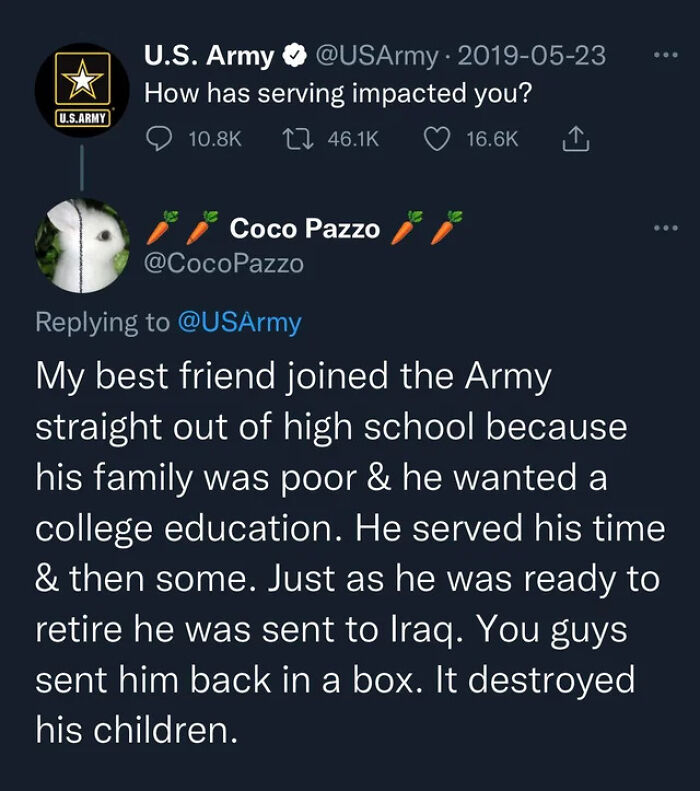 Twitter thread discusses Army service impact and loss of a soldier to Iraq war