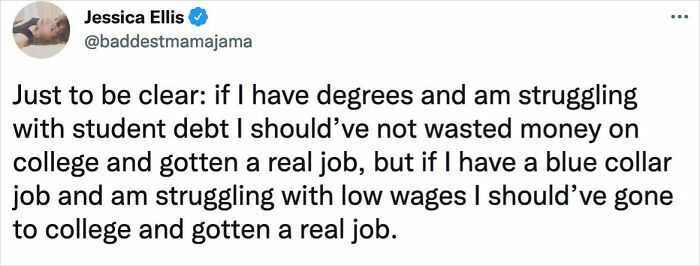Tweet discusses dilemmas of student debt and wages in late stage capitalism.