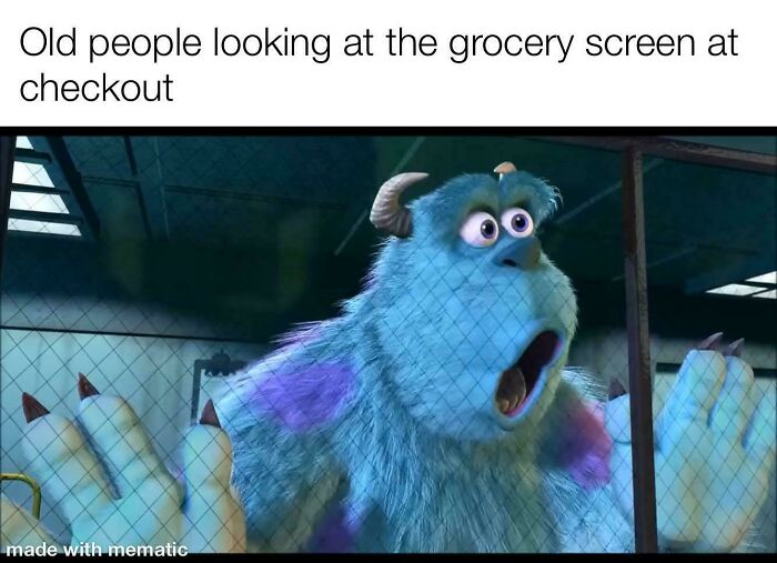 Funny retail meme showing surprised character looking at grocery checkout screen