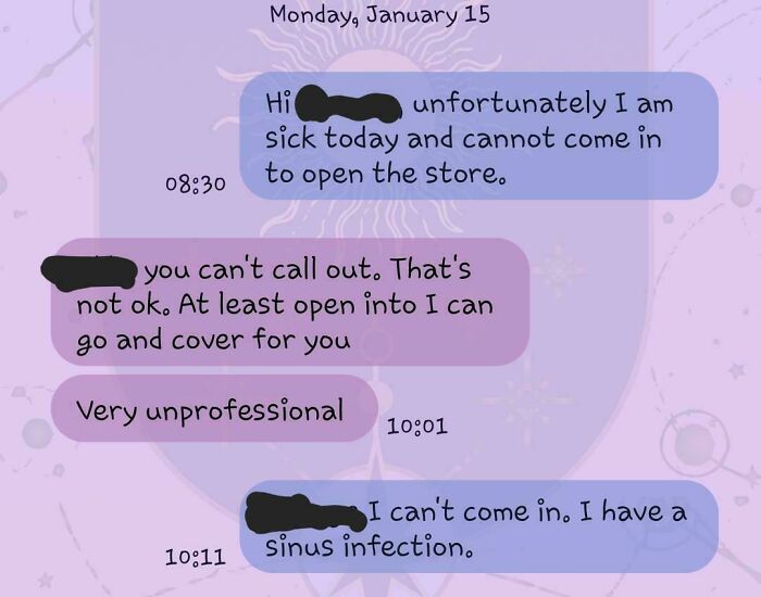 Text message conversation about calling out sick at retail job