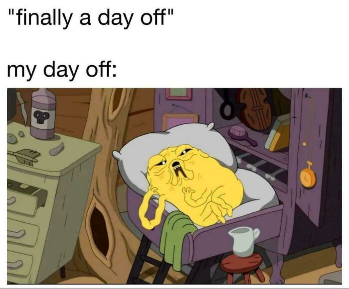 Cartoon character reluctantly enjoying a day off from work