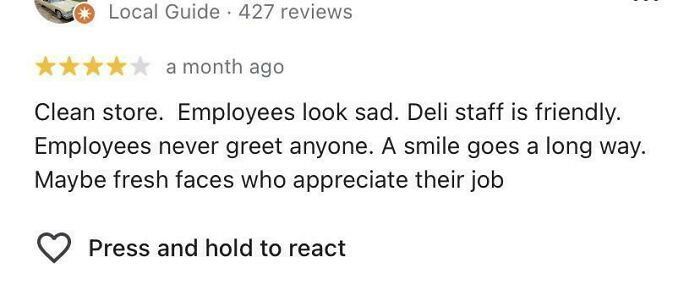 Retail worker review mentions clean store but sad employees and unfriendly greeting