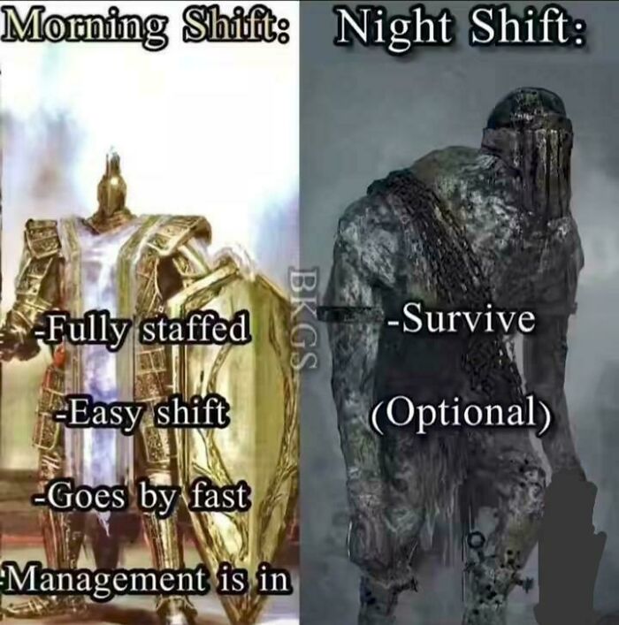 Retail shift meme showing easy fully staffed morning shift versus survival-focused night shift