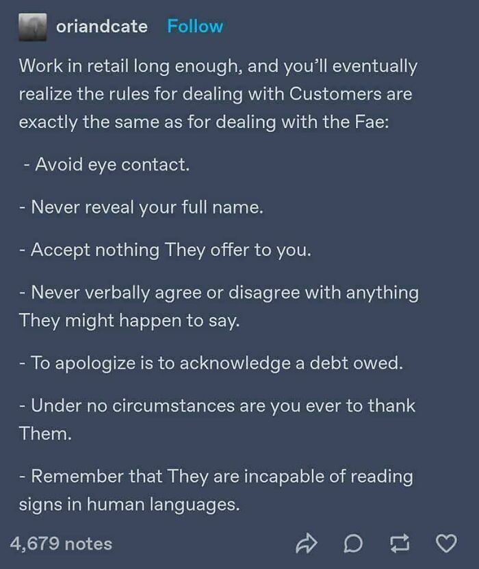 Humorous retail advice comparing customer rules to dealing with fae, highlighting retail worker experiences