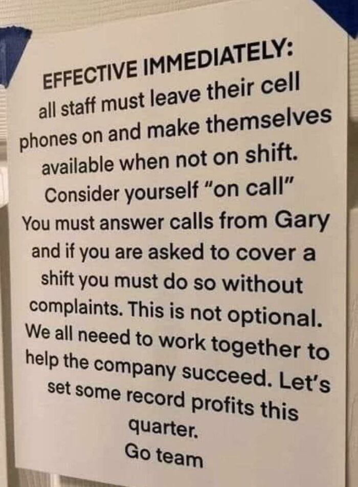 Retail staff notice requiring employees to be on call and answer shift coverage requests immediately