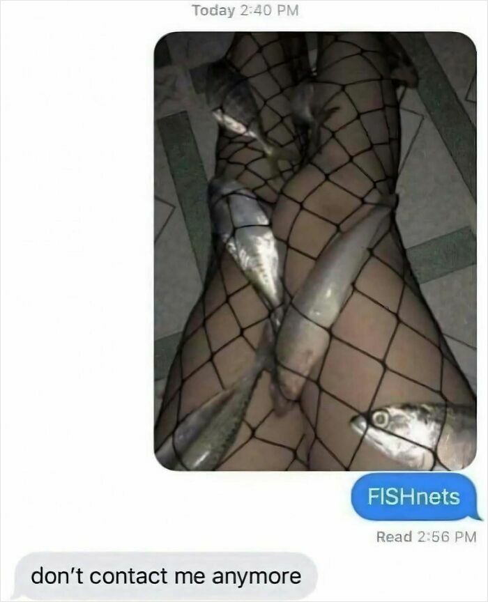 Fish caught in fishnets on legs with humorous text message