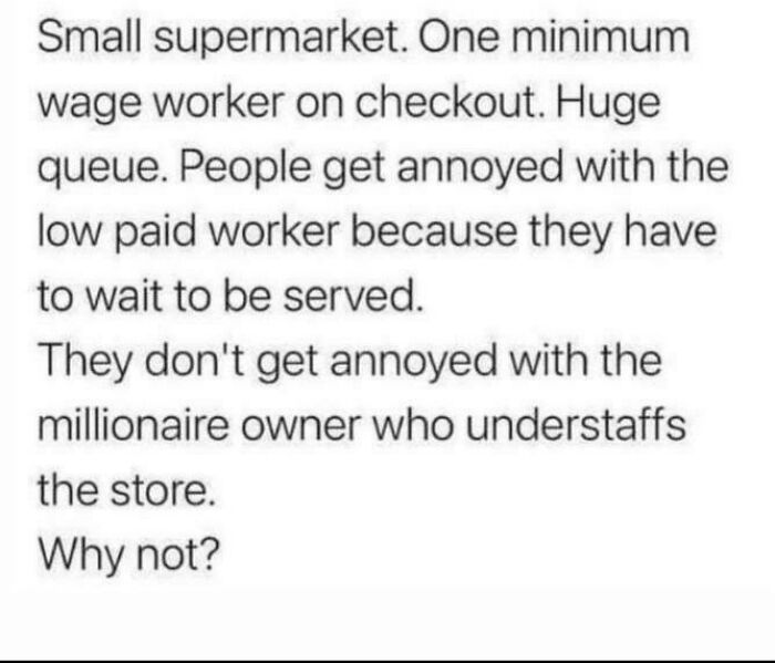 Text meme about frustration with understaffing in small supermarket checkout