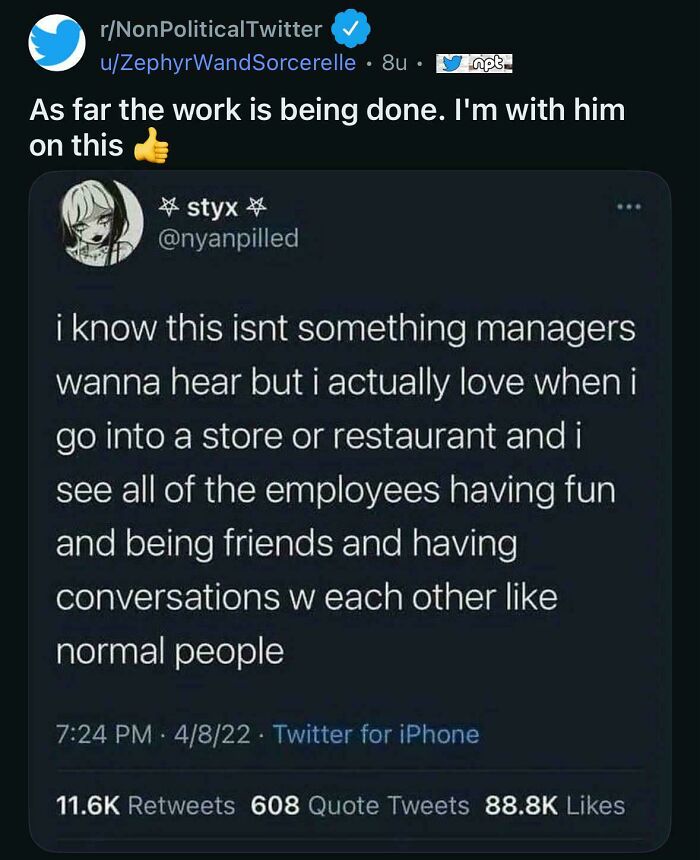 Tweet about loving employees having fun and conversations in retail workspaces