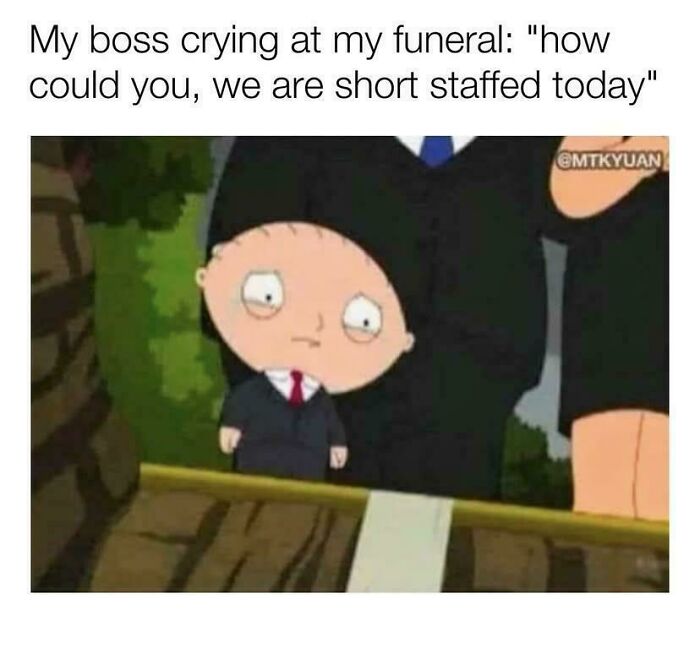 Cartoon meme about boss upset over short staffing at employee funeral