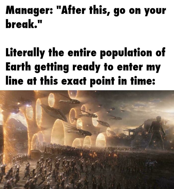 Meme comparing customers lining up at break time in retail
