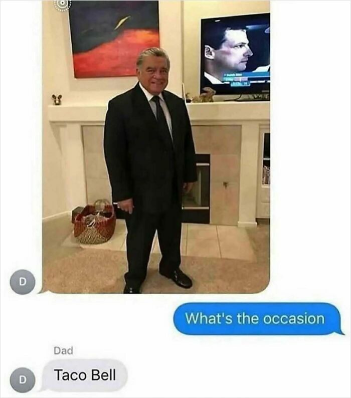 Man in suit at home with text about taco bell occasion humor