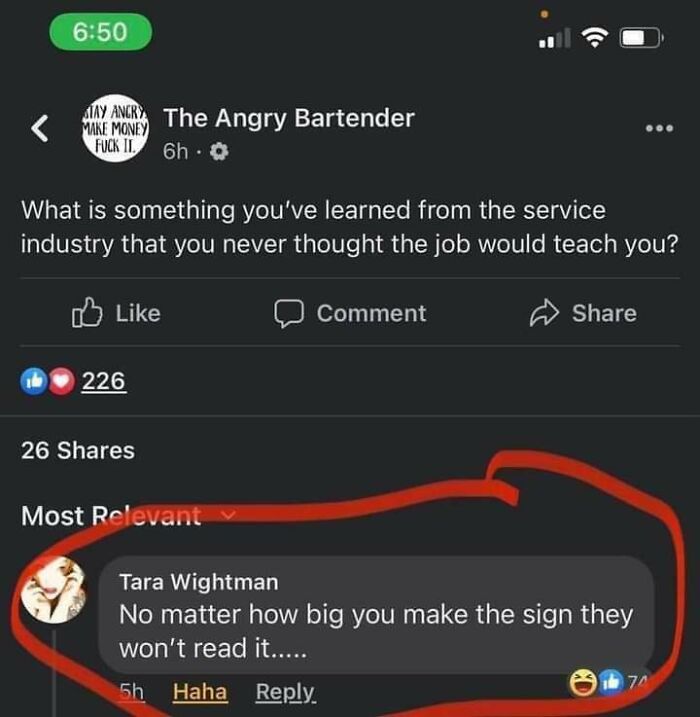 Social media comment about unread signs in service industry