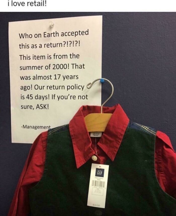 Retail return policy notice on an old clothing item from 2000