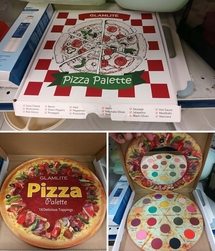 Funny Goodwill find of a GlamLite Pizza Palette makeup set in a pizza box