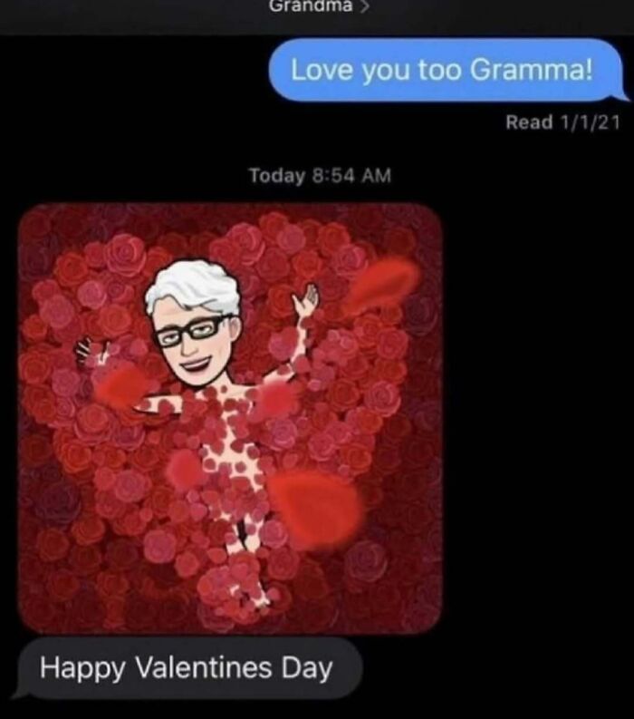 Humorous text message with grandma sending roses for Valentine's Day