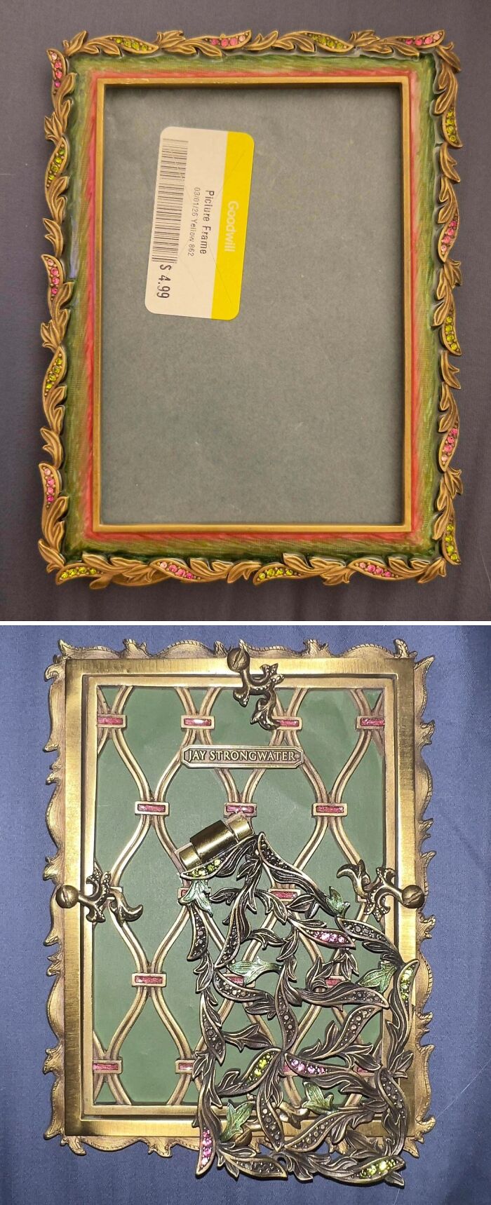 Decorative vintage picture frames including a Jay Strongwater piece from Goodwill