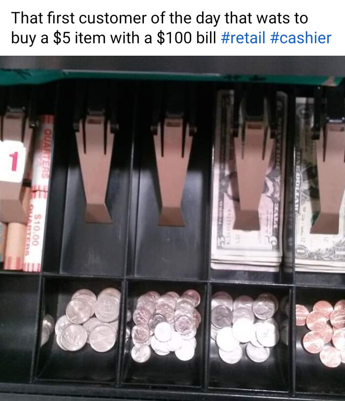 Retail cashier drawer with few coins and large bills for a $5 purchase with a $100 bill