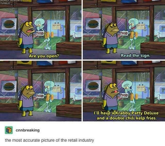 Spongebob meme showing customer retail confusion at closed store sign