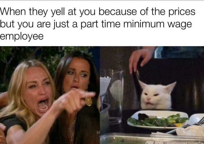 Meme of upset customer yelling at minimum wage retail worker with cat image
